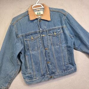 Vtg Woodlake Denim Trucker Jacket Mens M Leather Collar Medium Wash‎ Barn Grunge